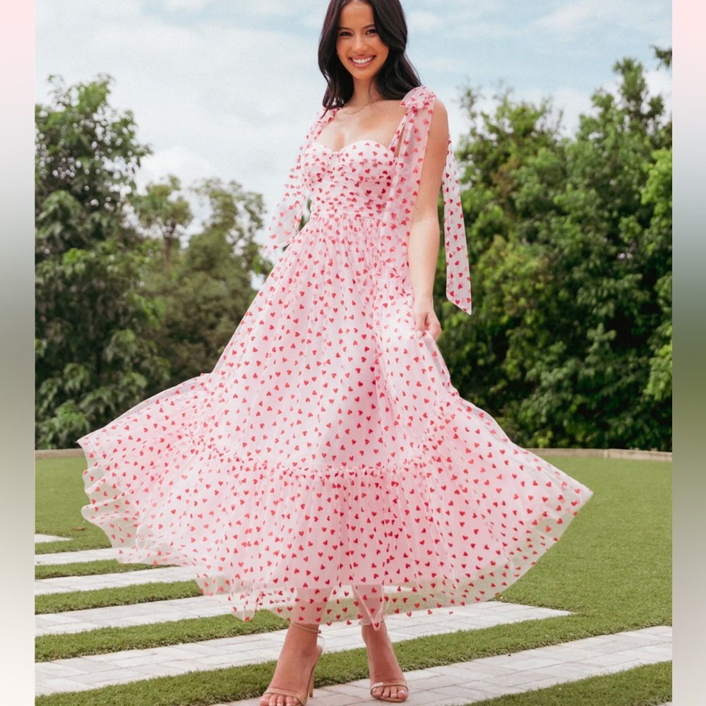 Petal & Pup Pink and Red Heart Print Midi Dress